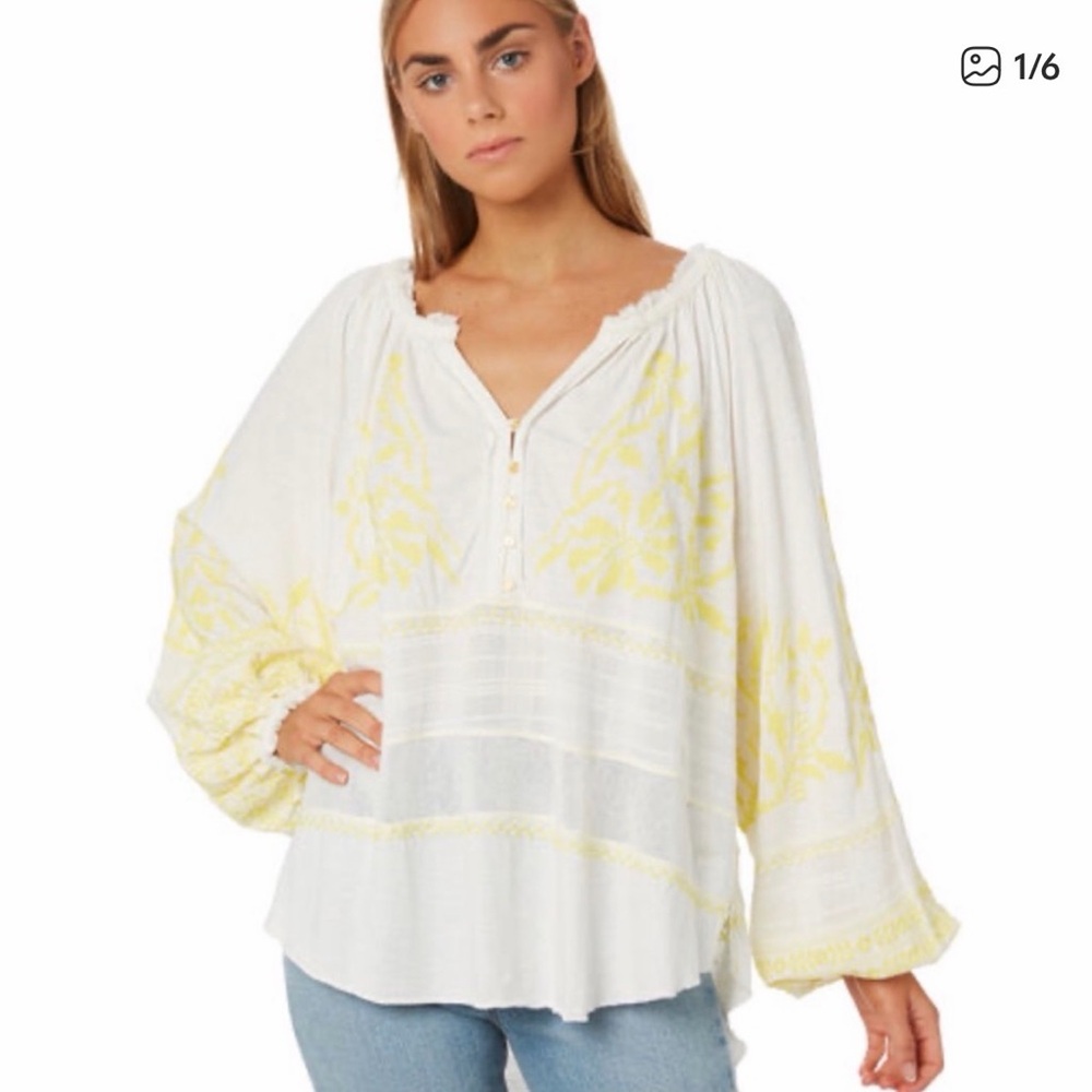 Free People White and Yellow Boho Top